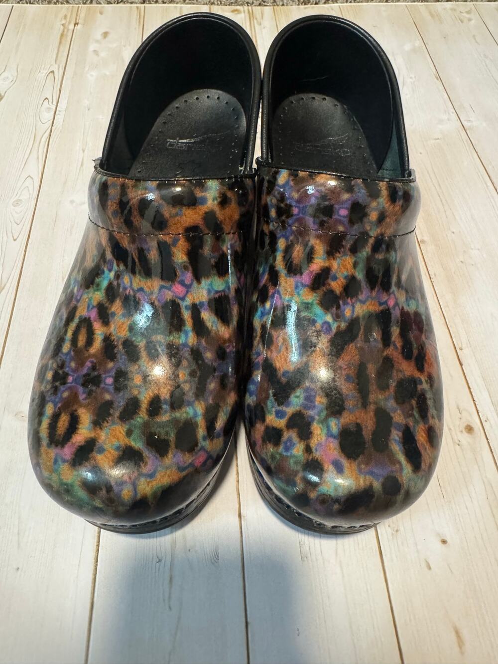 Dansko Professional Patent Leather Leopard Print Clogs Size 38 US 7.5 - 8